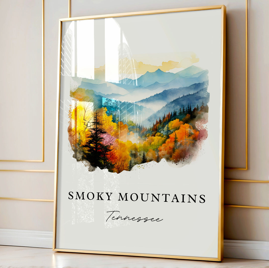 Great Smoky Mountains traditional travel art - Tennessee, Smoky Mtn poster print, Wedding gift, Birthday present, Custom Text, Perfect Gift