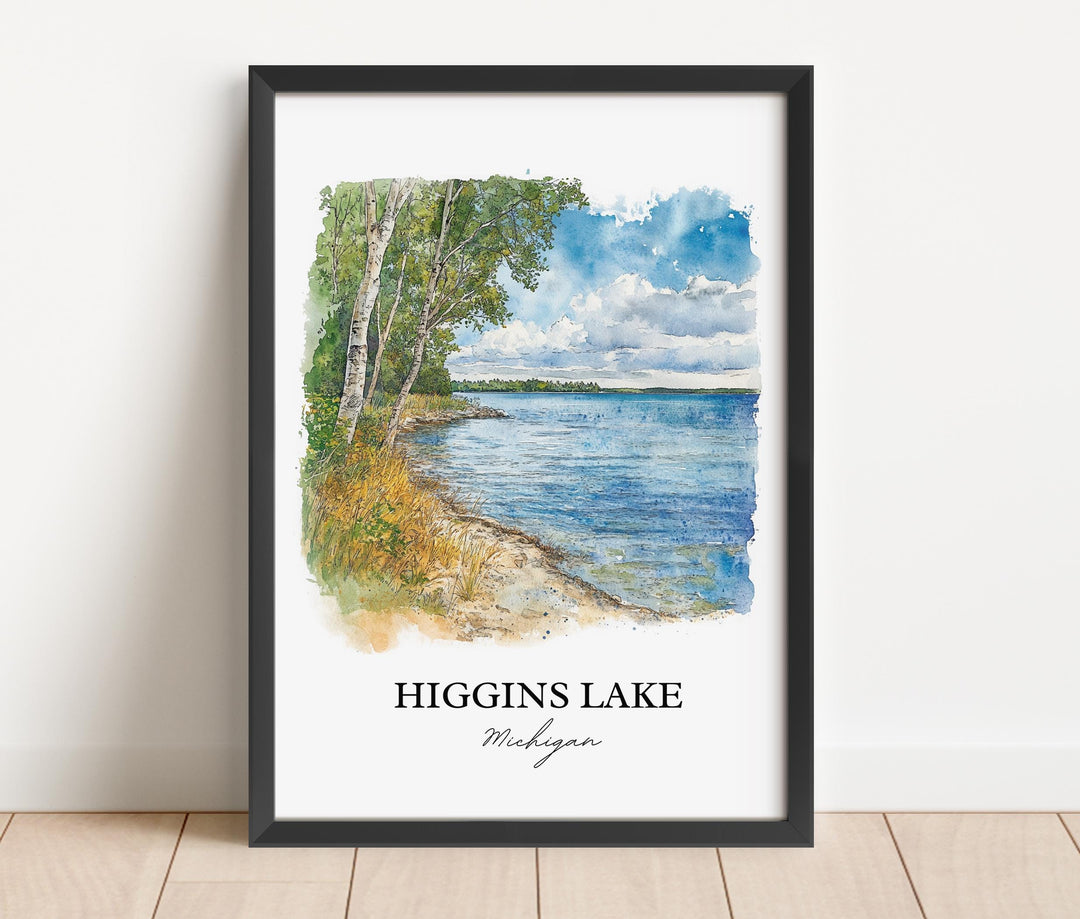 Higgins Lake MI Wall Art, Roscommon County Print, Michigan Watercolor Art, Higgins Lake Gift, Travel Print, Travel Poster, Housewarming Gift