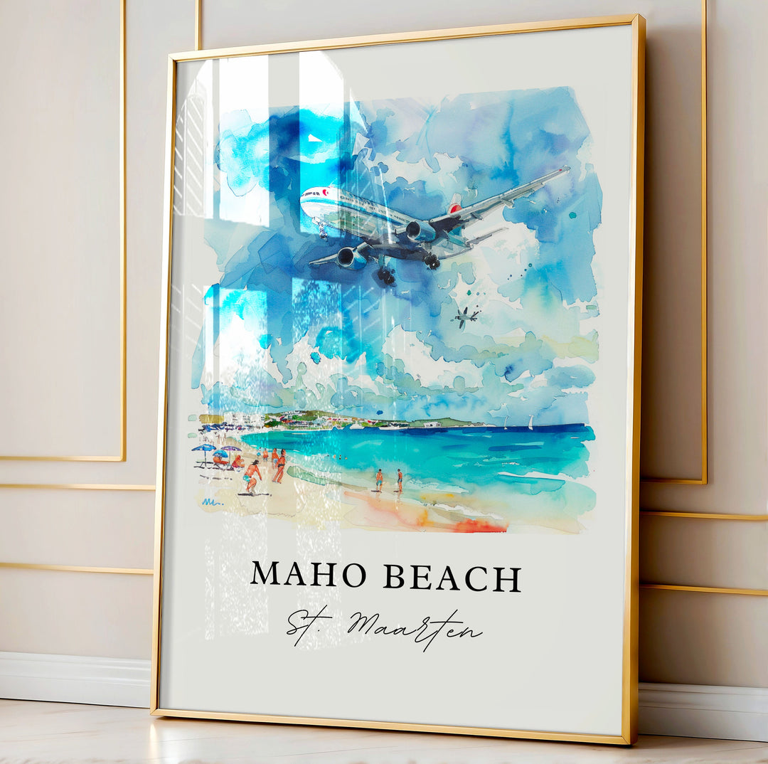 Maho Beach Wall Art, St. Maarten Print, Maho Beach Plane Watercolor, Saint Maarten Gift,