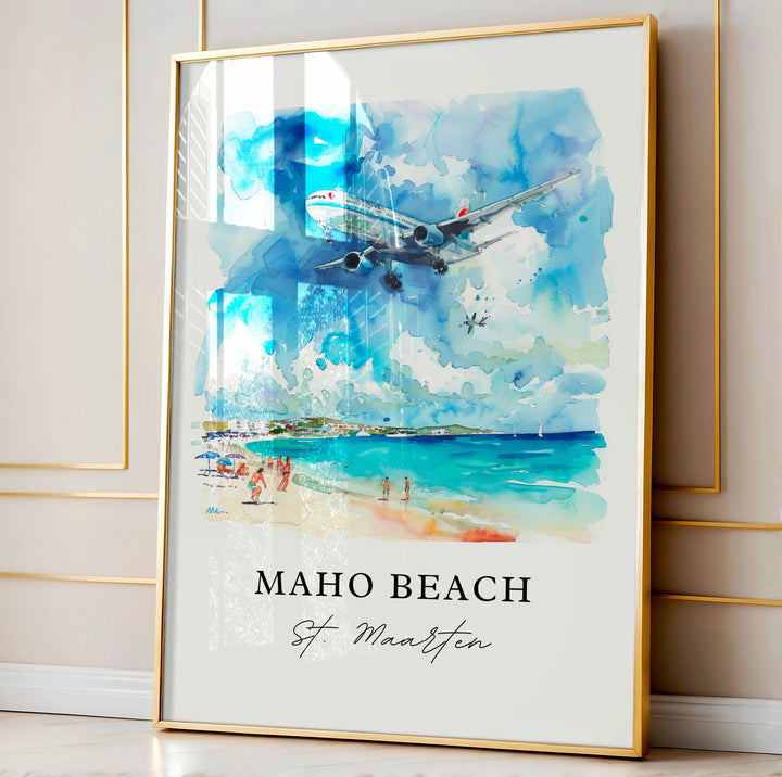 Maho Beach Wall Art, St. Maarten Print, Maho Beach Plane Watercolor, Saint Maarten Gift,