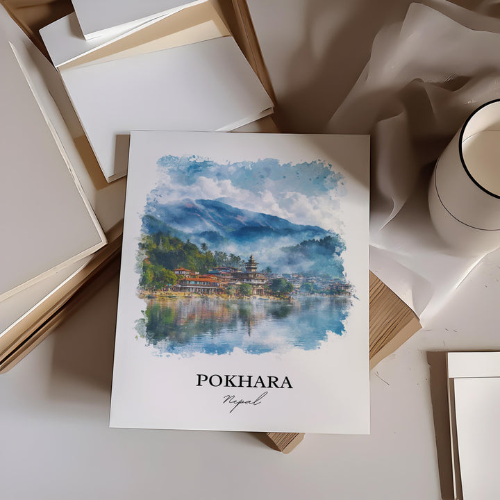 Pokhara Wall Art, Pokhara Nepal Print, Nepal Watercolor Art, Pokhara Nepal Gift, Travel Print, Travel Poster, Housewarming Gift