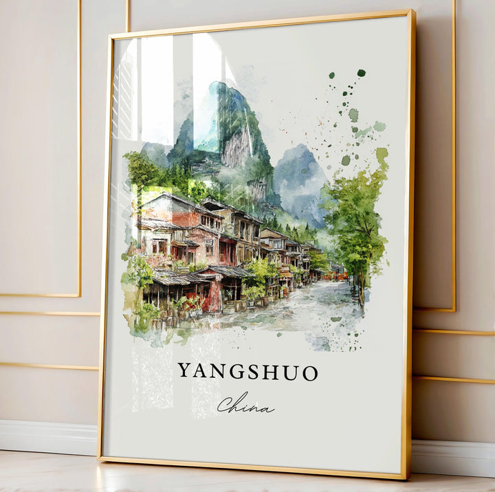 Yangshuo Wall Art, Yangshuo China Print, Guangxi Watercolor Art, Guangxi China Gift,