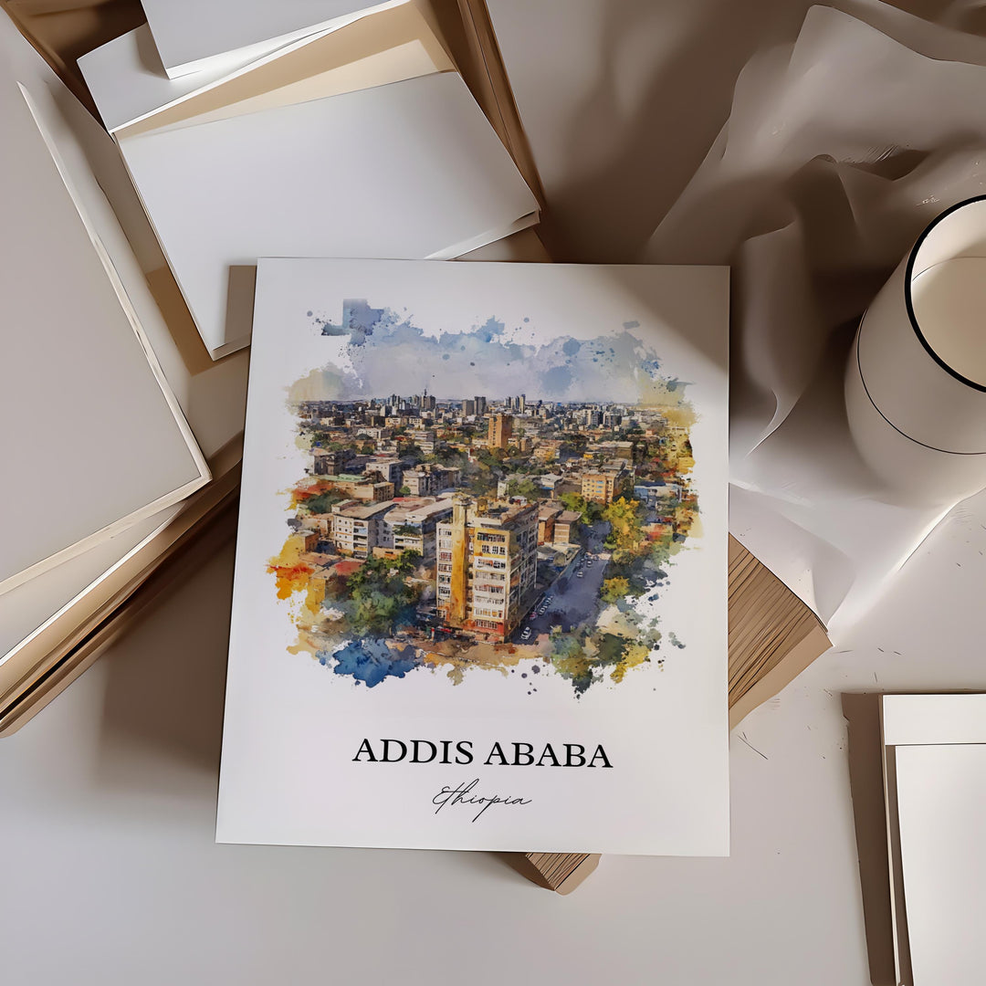 Addis Ababa Wall Art, Ethiopia Print, Ethiopia Watercolor Art, Addis Ababa Gift, Travel Print, Travel Poster, Housewarming Gift