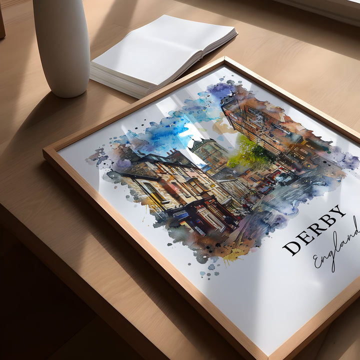 Derby England Wall Art, Derby Print, Derbyshire UK Watercolor, Derby Gift, Travel Poster, Housewarming Gift