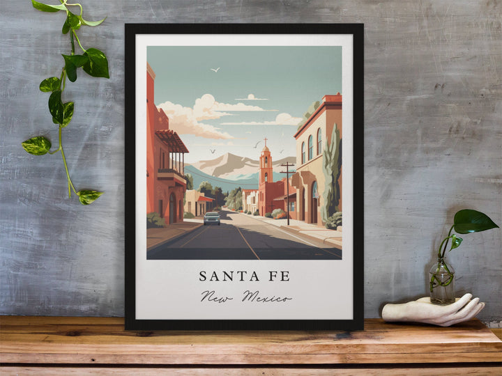 Santa Fe traditional travel art - New Mexico, Santa Fe poster, Wedding gift, Birthday present, Custom Text, Personalised Gift