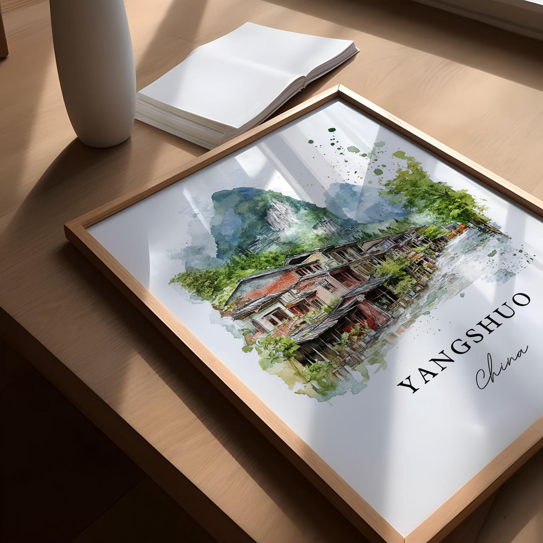 Yangshuo Wall Art, Yangshuo China Print, Guangxi Watercolor Art, Guangxi China Gift,