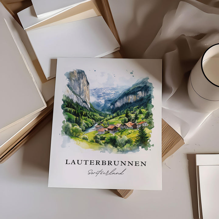 Lauterbrunnen Wall Art, Bern Print, Swiss Alps Watercolor Art, Lauterbrunnen Gift,