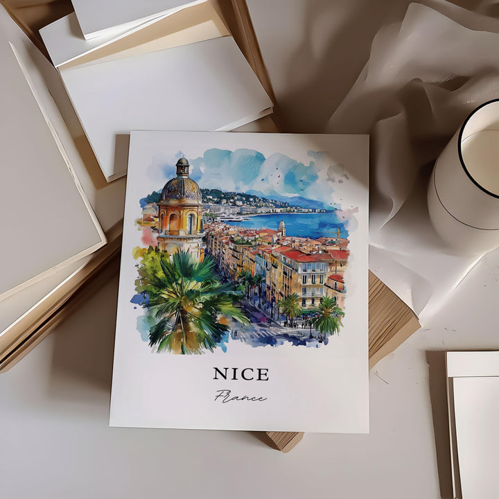 Nice France Wall Art, Nice FR Print, French Riviera Watercolor Art, Nice France Skyline Gift,