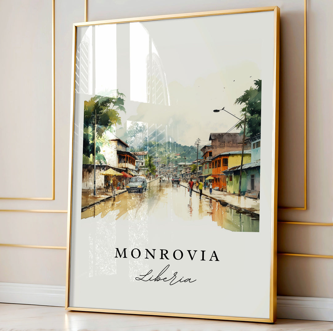 Monrovia traditional travel art - Liberia, Monrovia poster, Wedding gift, Birthday present, Custom Text, Personalized Gift