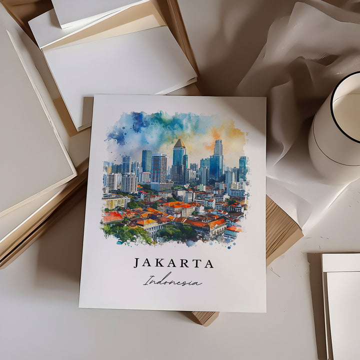 Jakarta watercolor travel art - Indonesia, Jakarta print, Jakarta Wedding gift, Birthday present, Custom Text, Perfect Gift