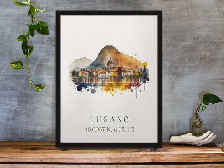 Lugano traditional travel art - Switzerland, Lugano poster, Wedding gift, Birthday present, Custom Text, Personalised Gift