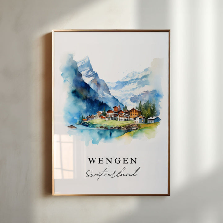 Wengen traditional travel art - Switzerland, Wengen poster print, Wedding gift, Birthday present, Custom Text, Perfect Gift