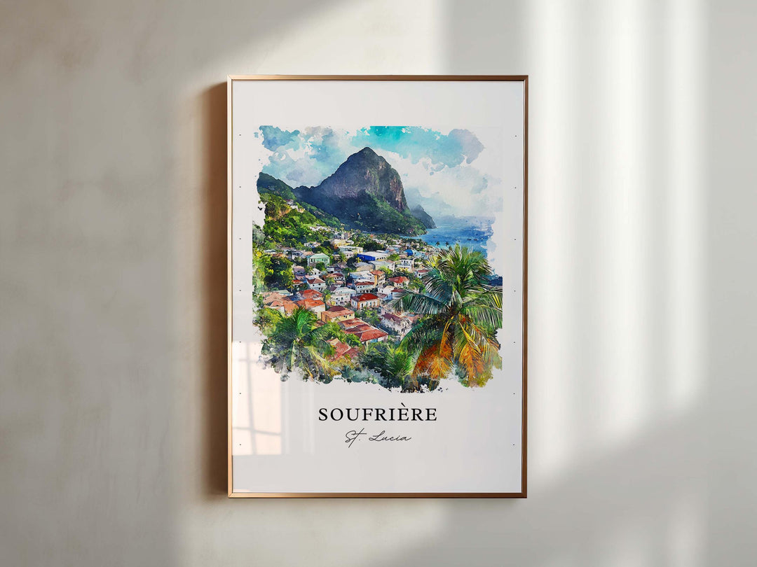 Soufriere Wall Art, Soufriere Print, St. Lucia Watercolor Art, Saint Lucia Gift, The Pitons