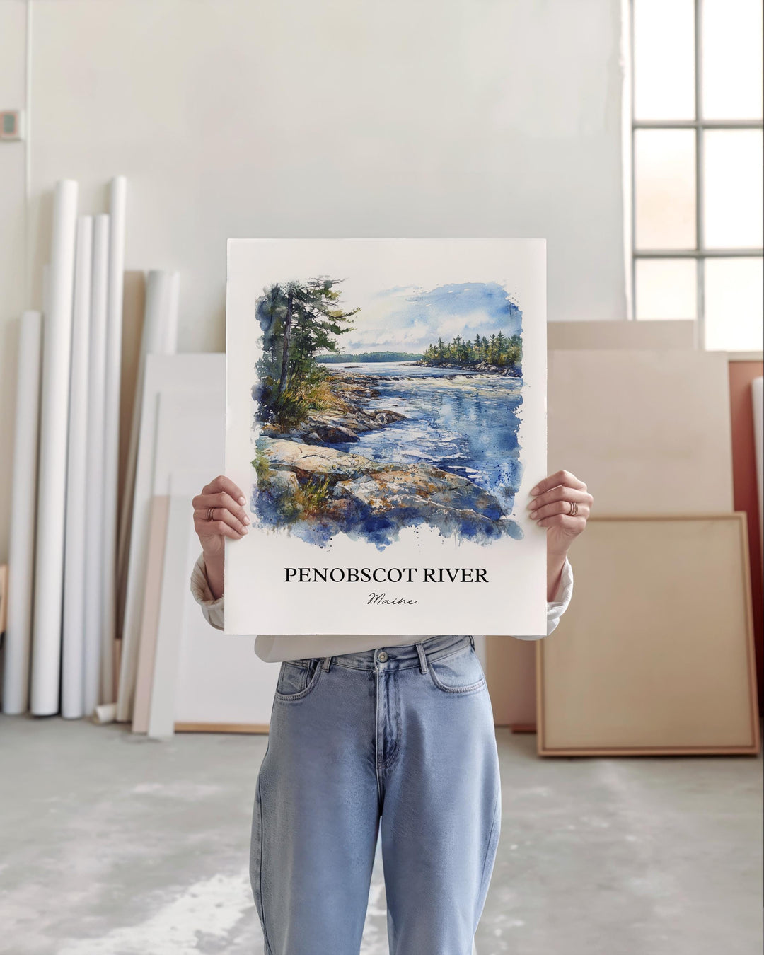 Penobscot River Wall Art, Bangor Print, Maine Watercolor Art, Penobscot River Gift, Travel Print, Travel Poster, Housewarming Gift