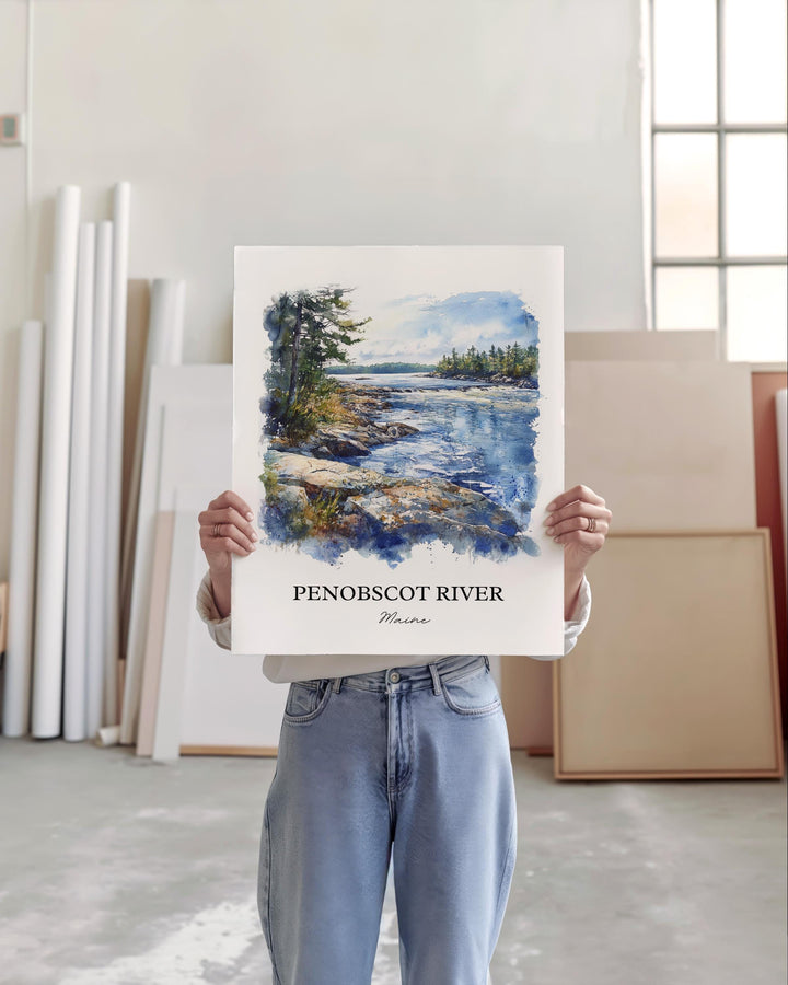 Penobscot River Wall Art, Bangor Print, Maine Watercolor Art, Penobscot River Gift, Travel Print, Travel Poster, Housewarming Gift