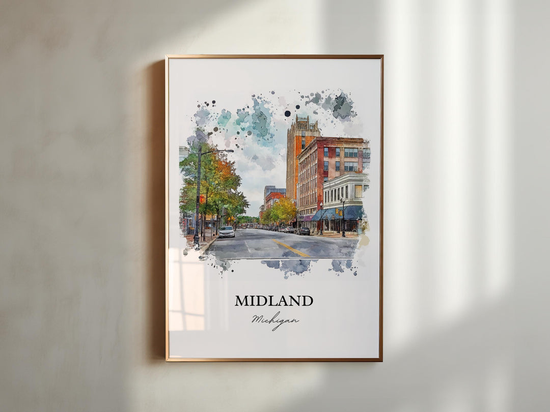 Midland Michigan Wall Art, Saginaw Print, Michigan Watercolor Art, Midland MI Gift, Travel Print, Travel Poster, Housewarming Gift