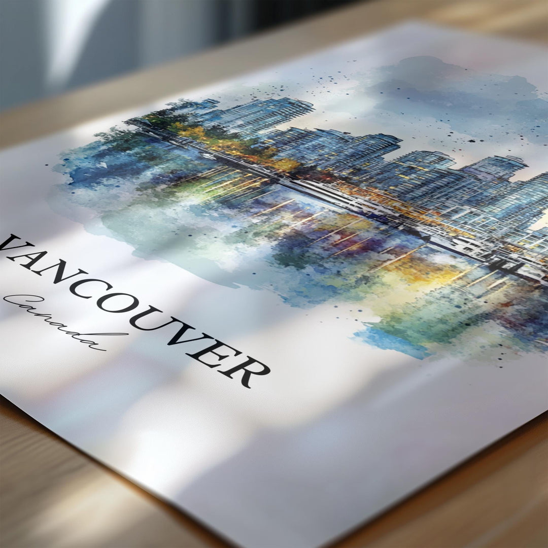 Vancouver Wall Art, Vancouver Skyline Print, British Columbia Watercolor, Vancouver Gift, Travel Print, Travel Poster, Housewarming Gift