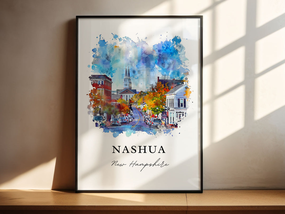 Nashua NH Wall Art, Nashua Print, Nashua Watercolor Art, Nashua New Hampshire Gift,