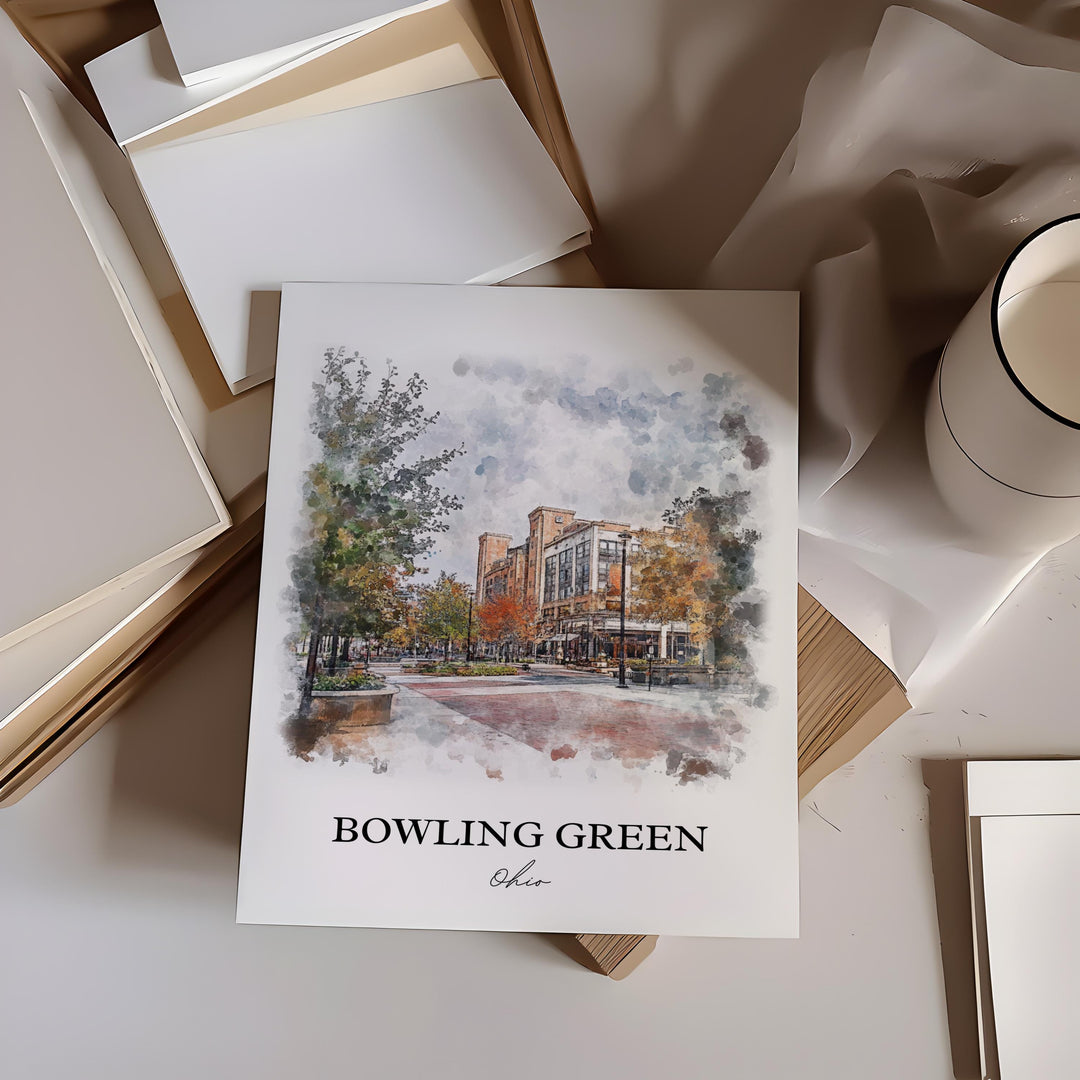 Bowling Green Wall Art, Wood County OH Print, Ohio Watercolor Art, Bowling Green OH Gift, Travel Print, Travel Poster, Housewarming Gift