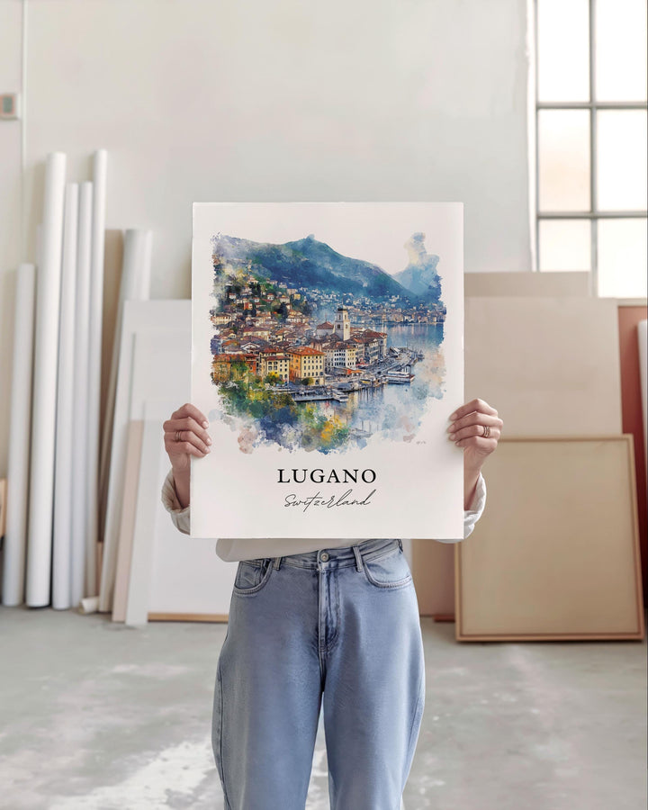 Lugano Switzerland Wall Art, Lugano Print, Lake Lugano Watercolor Art, Ticino Region Gift, Travel Print, Travel Poster, Housewarming Gift