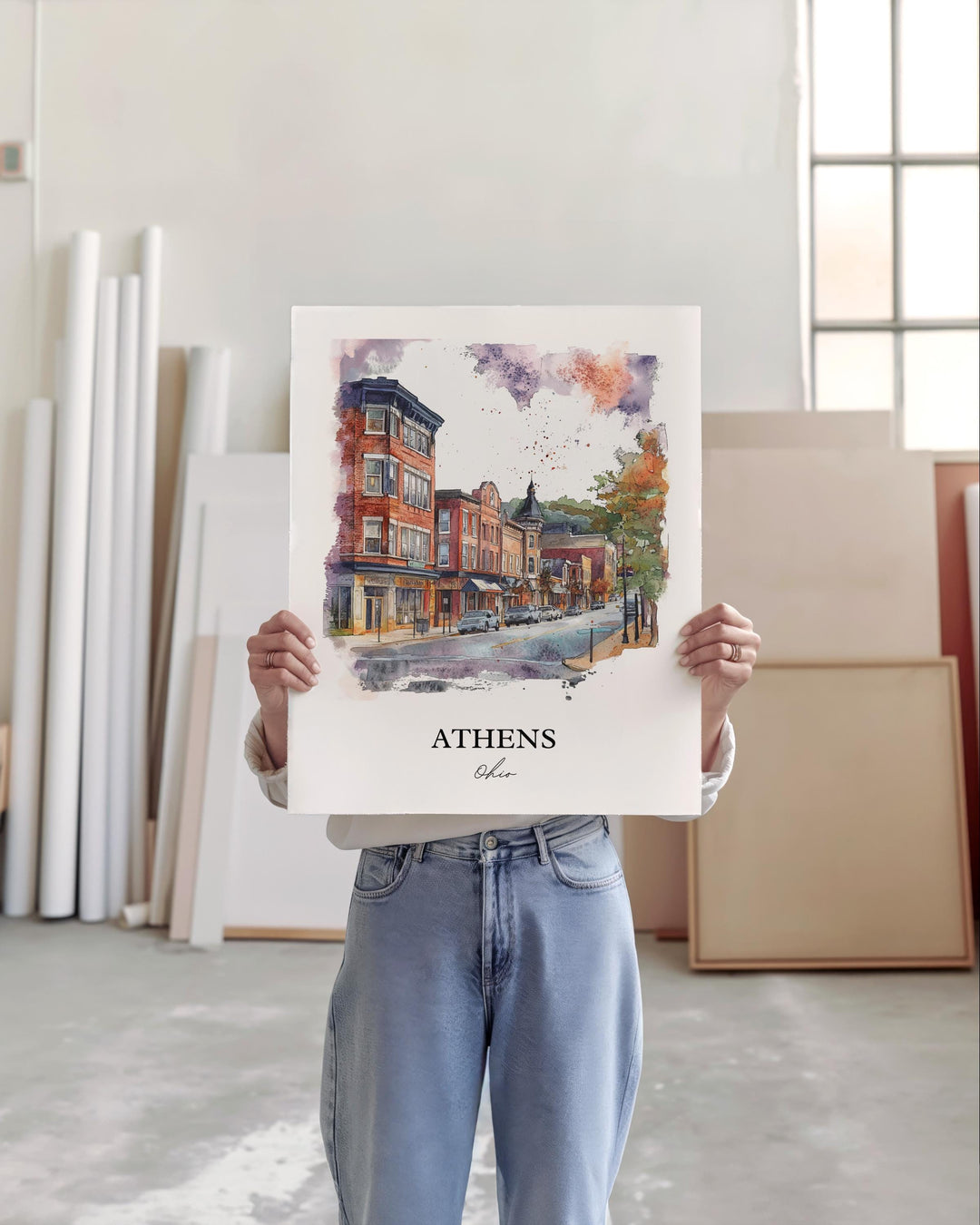 Athens Ohio Wall Art, Parkersburg WV Print, Ohio Watercolor Art, Athens Ohio Gift, Travel Print, Travel Poster, Housewarming Gift
