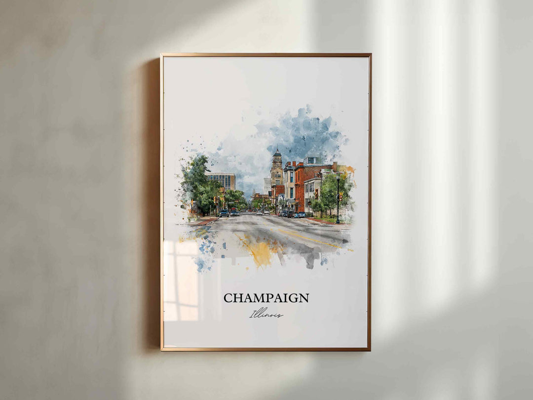 Champaign IL Wall Art, Champaign Print, Illinois Watercolor Art, Champaign Illinois Gift, Travel Print, Travel Poster, Housewarming Gift