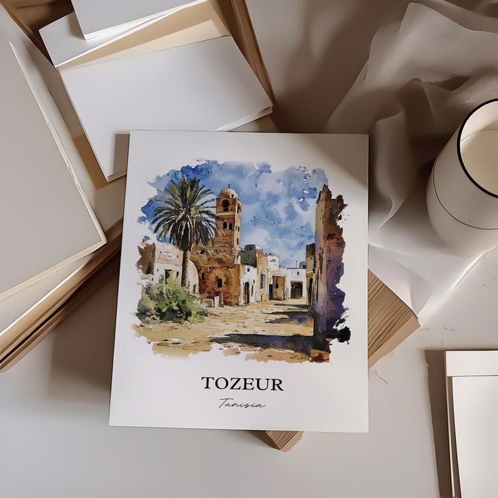 Tozeur Wall Art, Chott el Djerid Print, Tunisia Watercolor Art, Tozeur Tunisia Gift, Travel Print, Travel Poster, Housewarming Gift