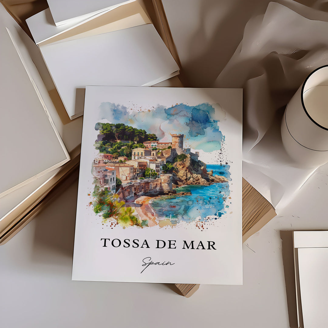 Tossa de Mar Art, Tossa de Mar Print, Catalonia Spain Watercolor, Tossa de Mar Spain Gift,