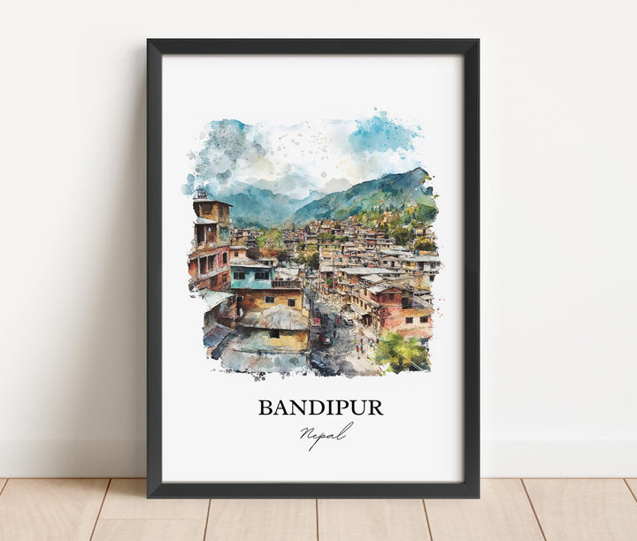 Bandipur Nepal Wall Art, Gandaki Province Print, Nepal Watercolor Art, Bandipur Nepal Gift, Travel Print, Travel Poster, Housewarming Gift