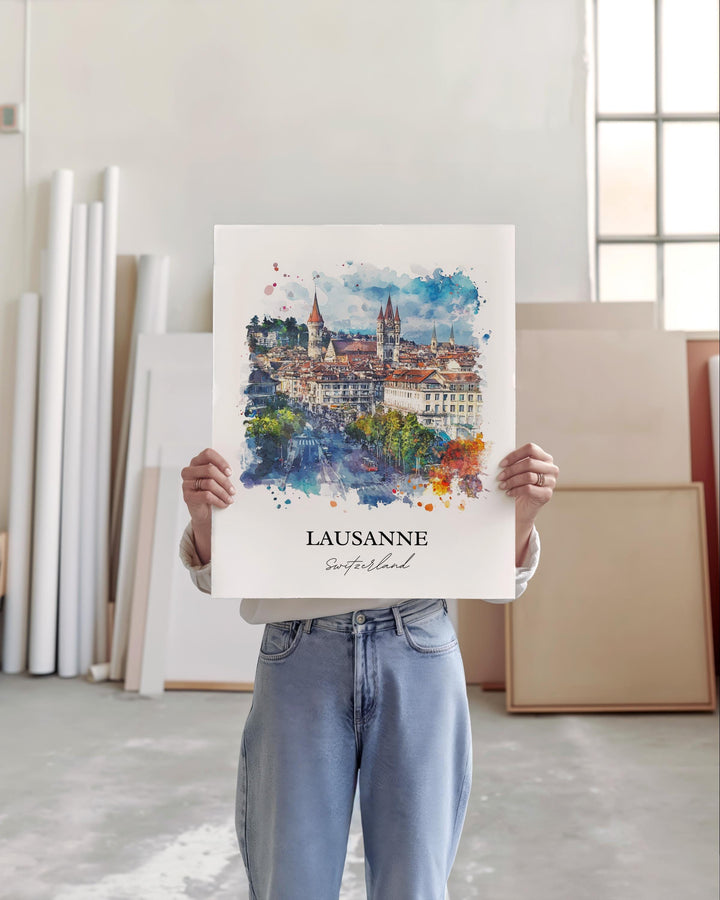 Lausanne Wall Art, Lausanne Print, Switzerland Watercolor Art, Lausanne Switzerland Gift, Travel Print, Travel Poster, Housewarming Gift