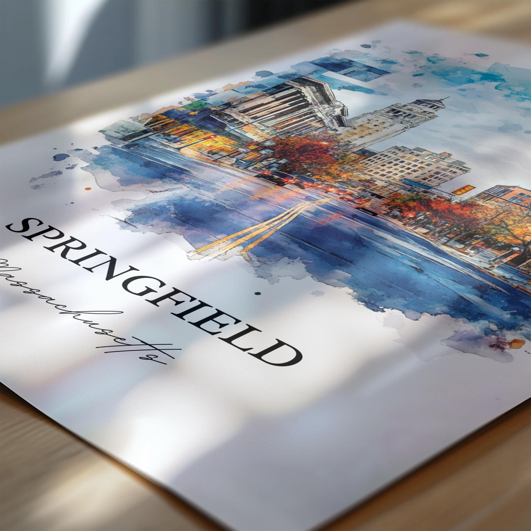 Springfield MA Wall Art, Connecticut River Print, MA Watercolor Art, Springfield MA Gift, Travel Print, Travel Poster, Housewarming Gift