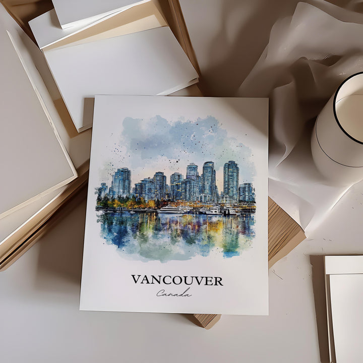 Vancouver Wall Art, Vancouver Skyline Print, British Columbia Watercolor, Vancouver Gift, Travel Print, Travel Poster, Housewarming Gift