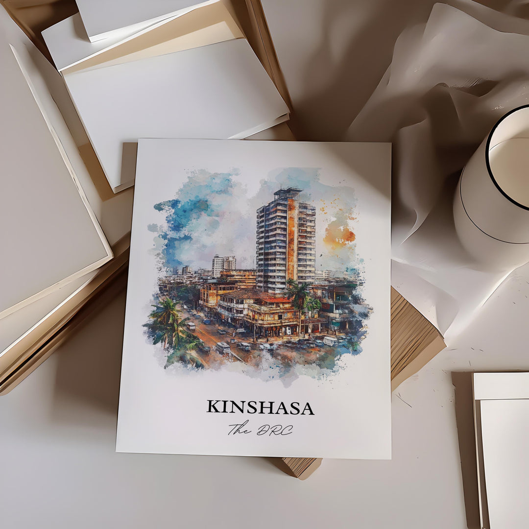 Kinshasa Wall Art, DRC Africa Print, DRC Watercolor Art, Kinshasa Gift, Travel Print, Travel Poster, Housewarming Gift