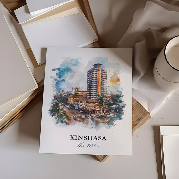 Kinshasa Wall Art, DRC Africa Print, DRC Watercolor Art, Kinshasa Gift, Travel Print, Travel Poster, Housewarming Gift