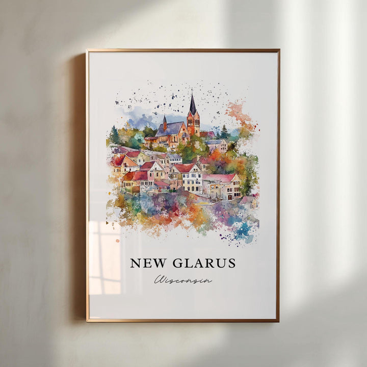 New Glarus WI Wall Art, New Glarus Print, New Glarus Watercolor Art, Green County WI Gift, Travel Poster, Housewarming Gift