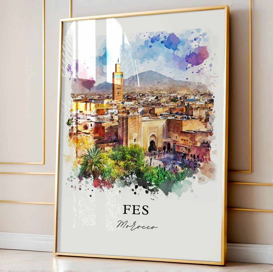 Fes Morocco Wall Art, Fes Print, Fez Watercolor Art, Fez-Meknes Region Gift, Travel Print, Travel Poster, Housewarming Gift