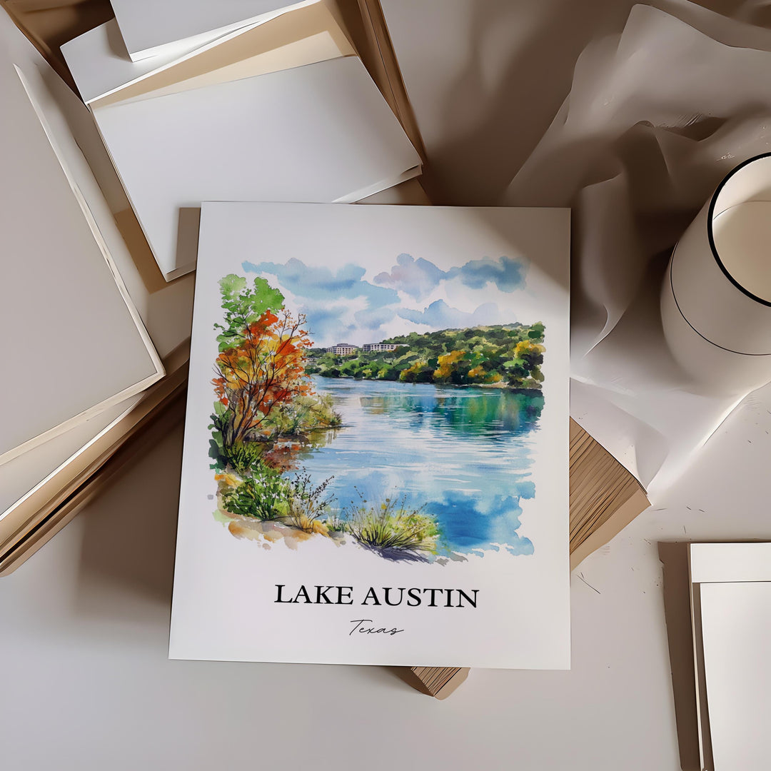 Lake Austin Wall Art, Austin TX Print, Texas Watercolor Art, Lake Austin Gift, Travel Print, Travel Poster, Housewarming Gift