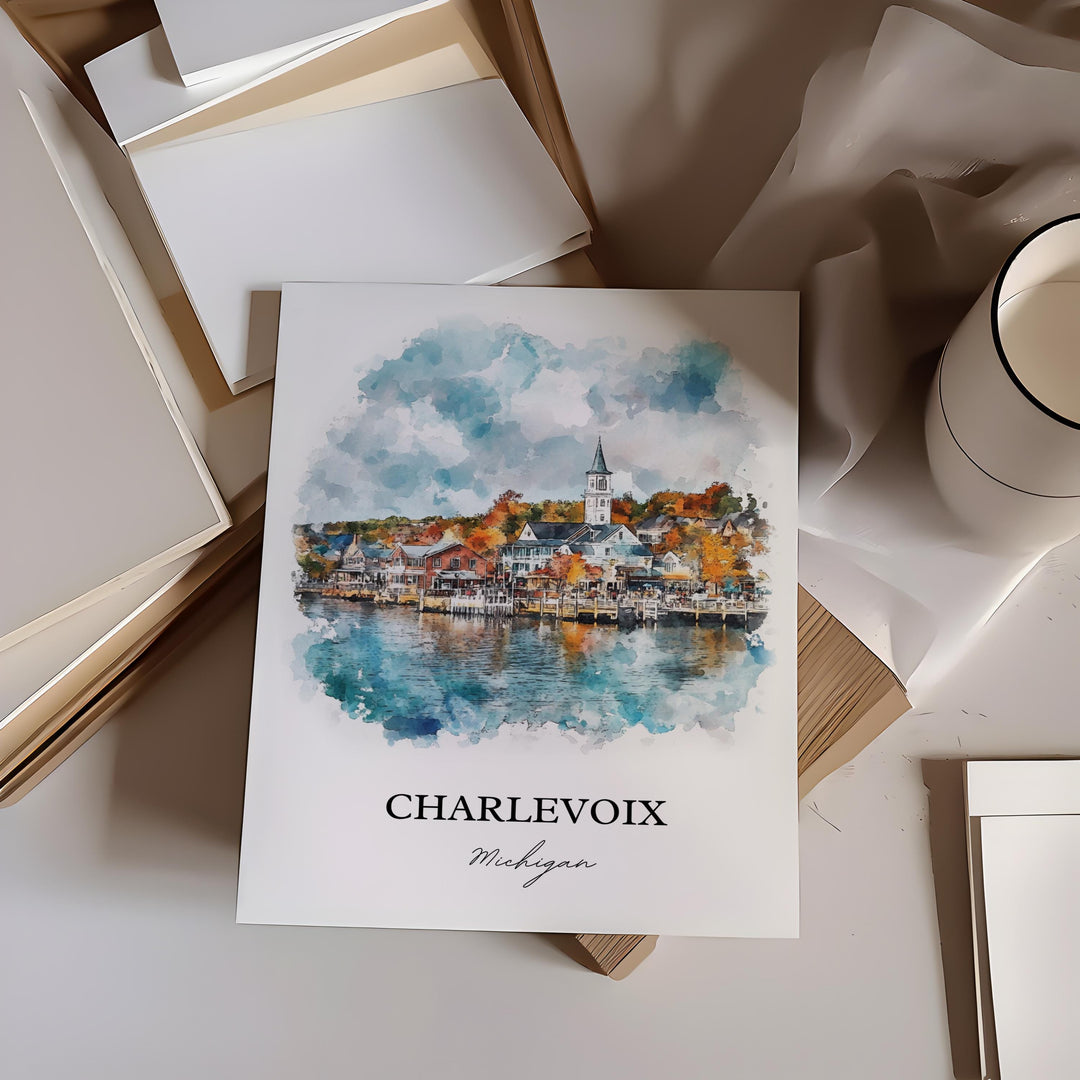 Charlevoix MI Wall Art, Lake Michigan Print, Charlevoix MI Watercolor Art, Charlevoix Gift, Travel Print, Travel Poster, Housewarming Gift
