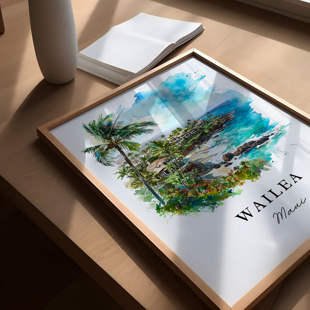 Wailea traditional travel art - Maui Hawaii, Wailea print, Wedding gift, Birthday present, Custom Text, Perfect Gift