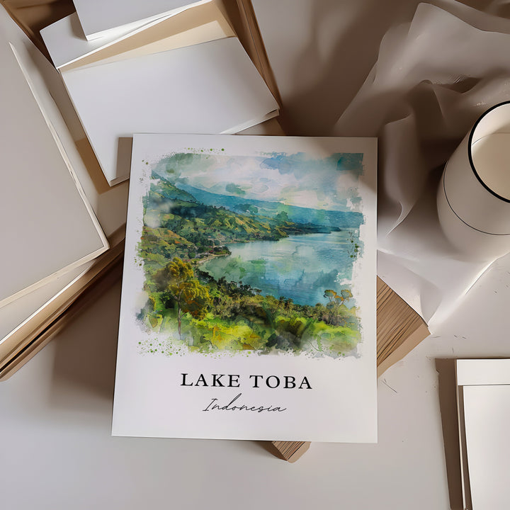 Lake Toba Wall Art, Lake Toba Indonesia Print, Lake Toba Watercolor, Sumatra Indonesia Gift,