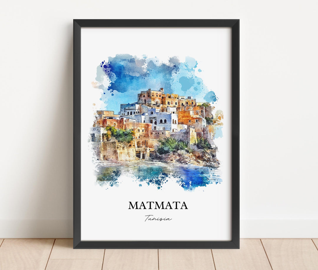 Matmata Wall Art, Southern Tunisia Print, Tunisia Watercolor Art, Matmata Tunisia Gift, Travel Print, Travel Poster, Housewarming Gift