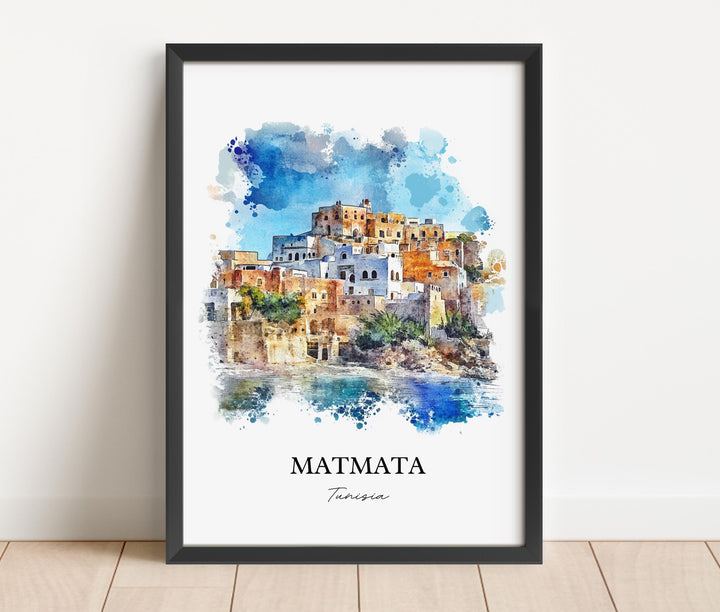 Matmata Wall Art, Southern Tunisia Print, Tunisia Watercolor Art, Matmata Tunisia Gift, Travel Print, Travel Poster, Housewarming Gift