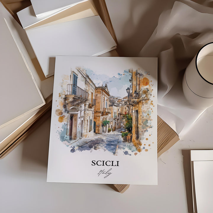Scicli Wall Art, Ragusa Italia Print, Sicily Watercolor Art, Scicli Gift, Travel Print, Travel Poster, Housewarming Gift