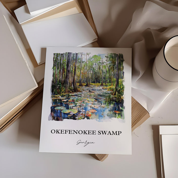 Okefenokee Swamp Wall Art, Okefenokee Print, Georgia Watercolor Art, Okefenokee Swamp Gift, Travel Print, Travel Poster, Housewarming Gift