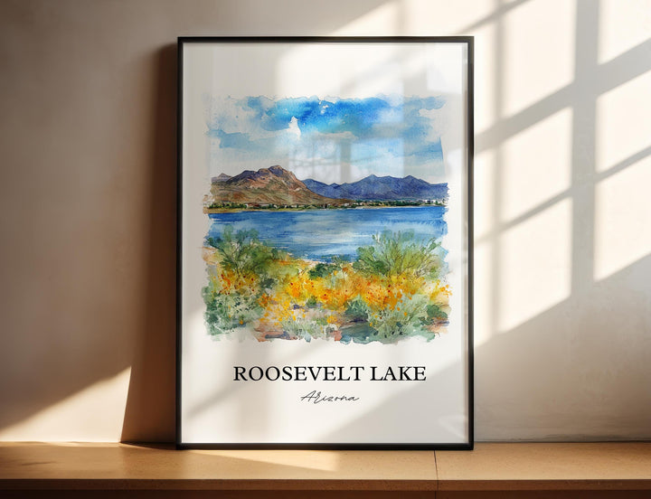 Roosevelt Lake Wall Art, Apache Junction Print, Arizona Watercolor Art, Roosevelt Lake Gift, Travel Print, Travel Poster, Housewarming Gift