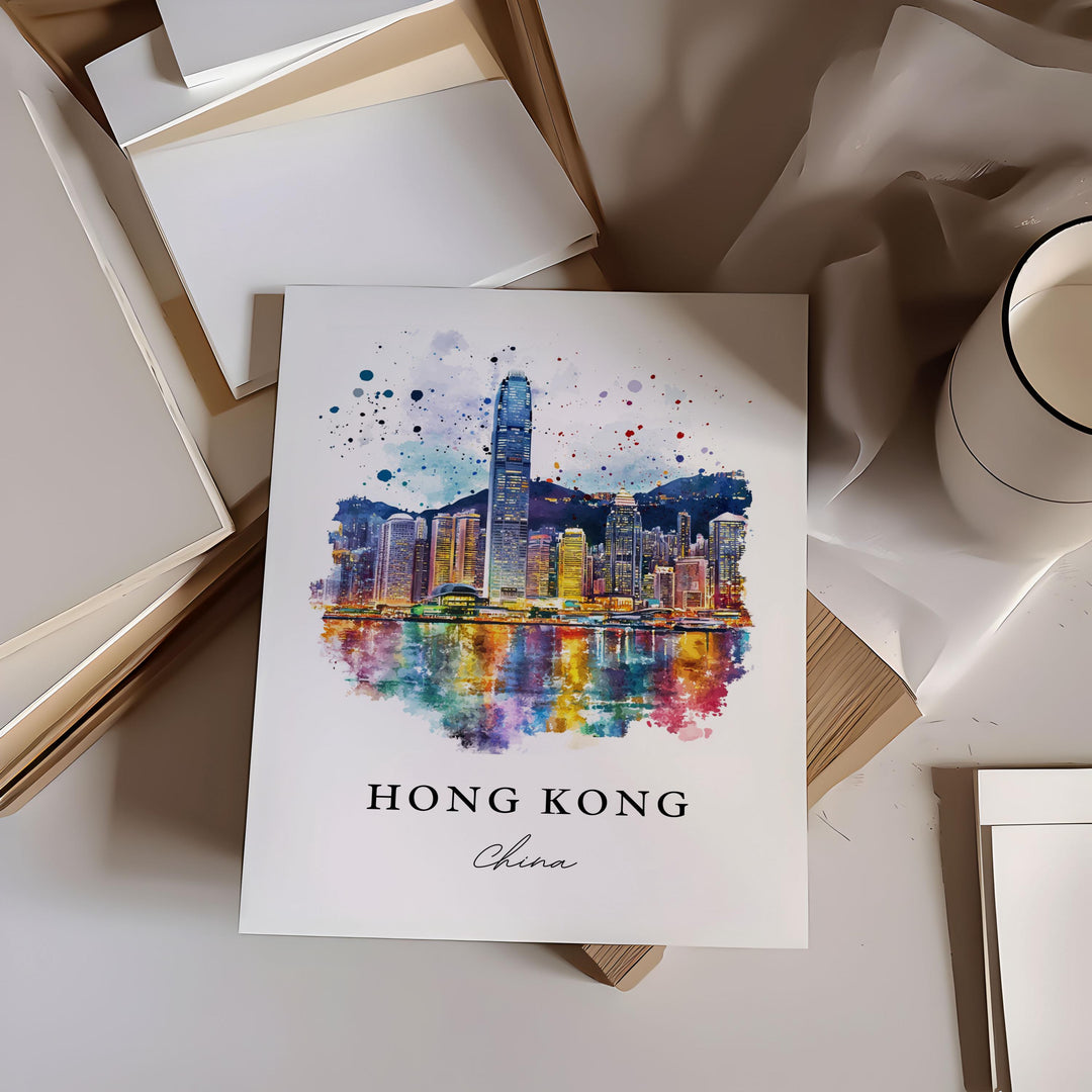 Hong Kong Wall Art, Hong Kong Print, Hong Kong Watercolor Art, Hong Kong Skyline Gift, China