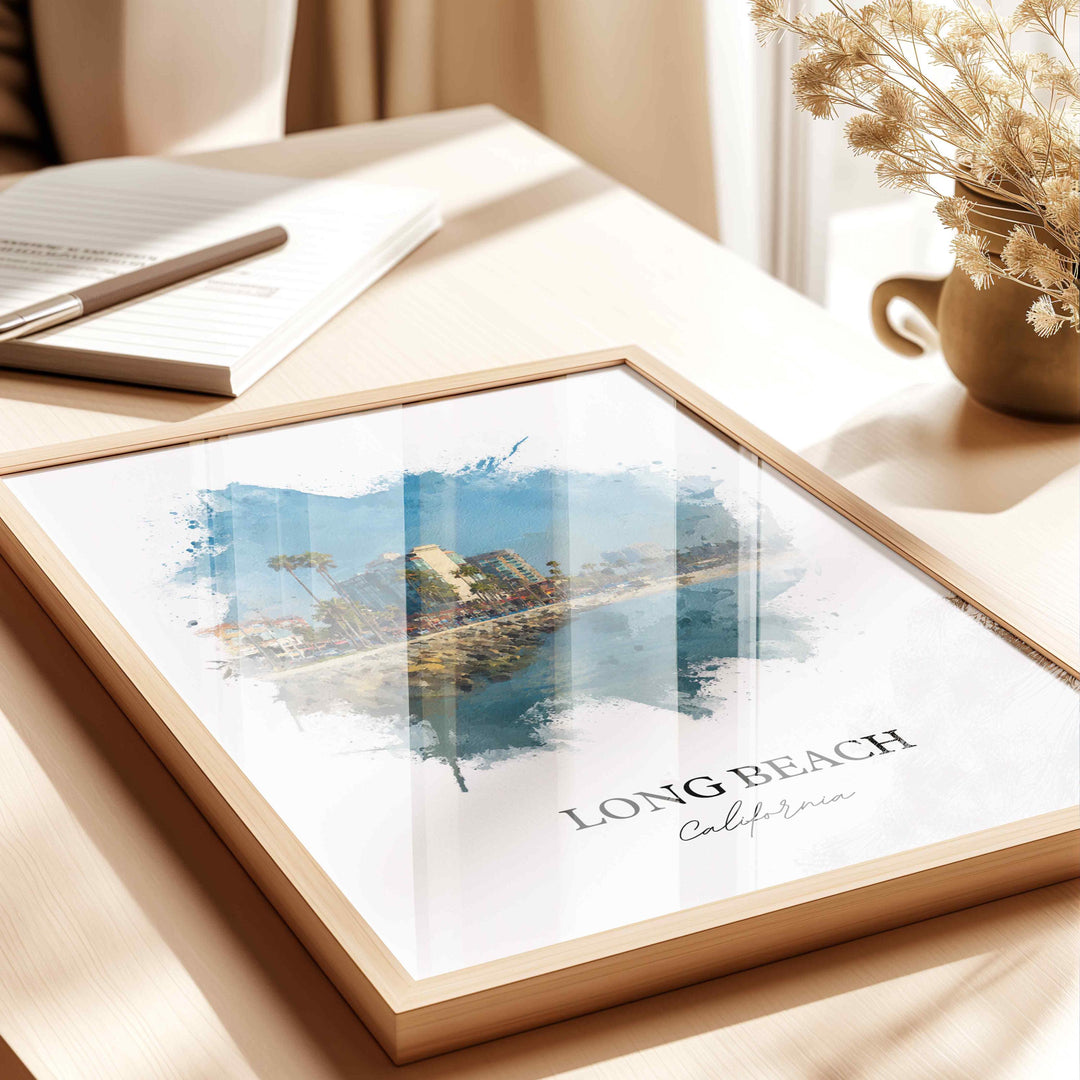 Long Beach CA Wall Art, Long Beach Print, California Watercolor Art, Queensway Bay Gift, Travel Print, Travel Poster, Housewarming Gift