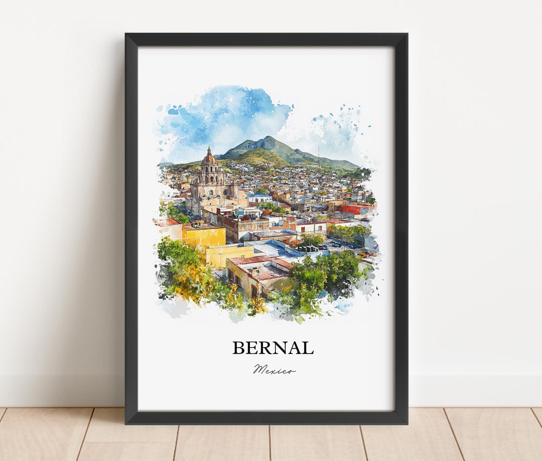 Bernal Mexico Wall Art, Querétaro Print, Mexico Watercolor Art, Bernal Mexico Gift, Travel Print, Travel Poster, Housewarming Gift