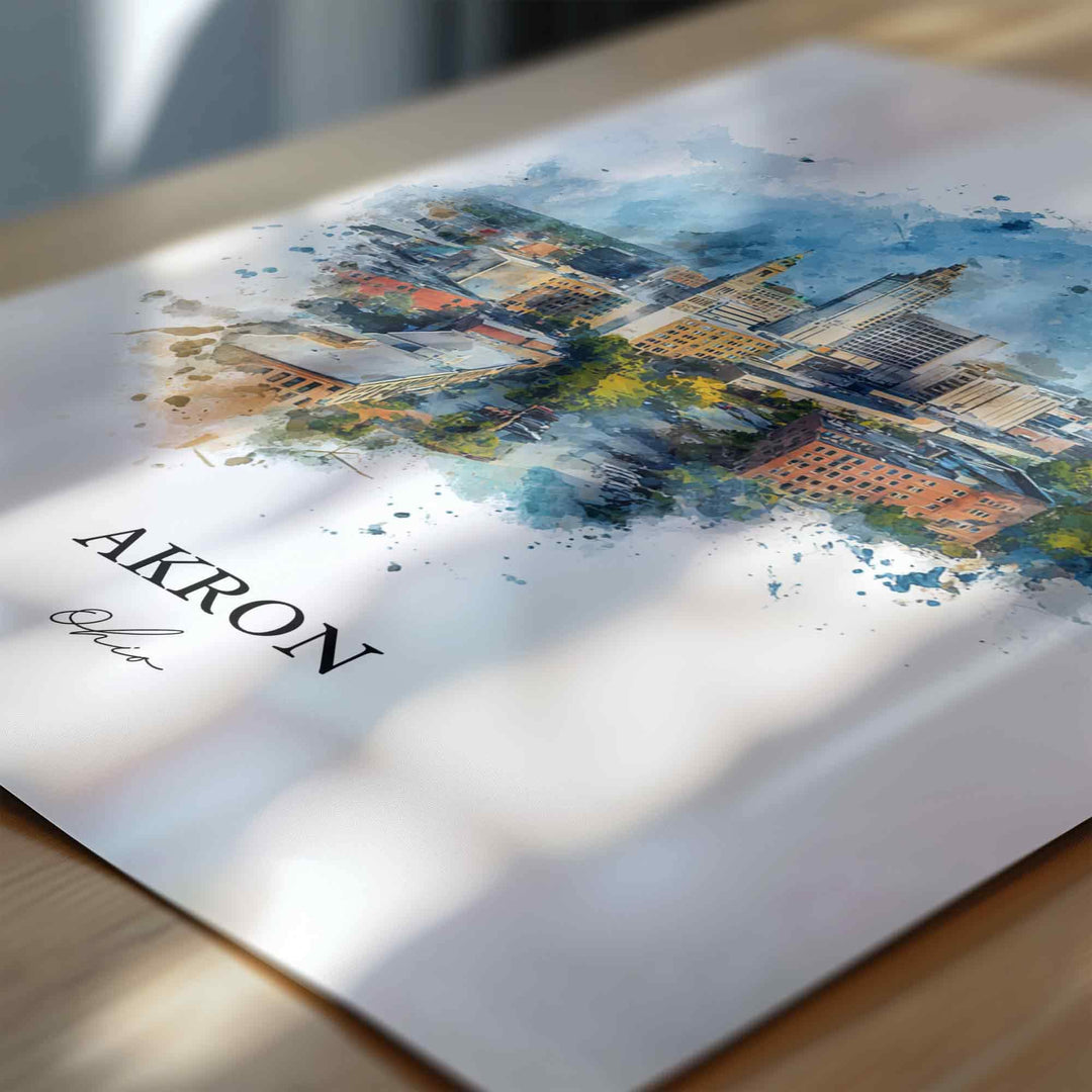 Akron, Ohio Wall Art, Akron Print, Akron Watercolor Art, Akron Ohio Skyline Gift, Travel Print, Travel Poster, Housewarming Gift