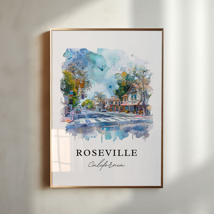 Roseville CA Art, Placer County CA Print, Roseville Watercolor Art, Sacramento Cali Gift,